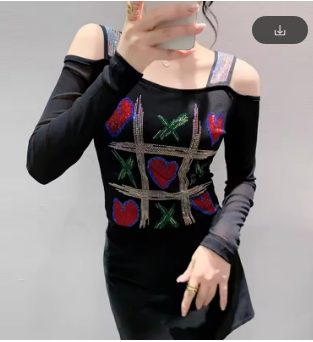 New Autumn Long Sleeved Sexy Off Shoulder Shiny Love Heart Diamonds T-Shirt Elegant Slim Women's Mesh Tees Ladies Tops Blusas
