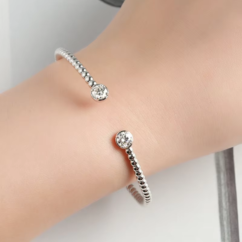 Anziw Solid 925 Sterling Silver Open Bangle Cuff 5mm 0.5ct D Color Round Cut Moissanite Bracelet GRA Certificate Women's Jewelry