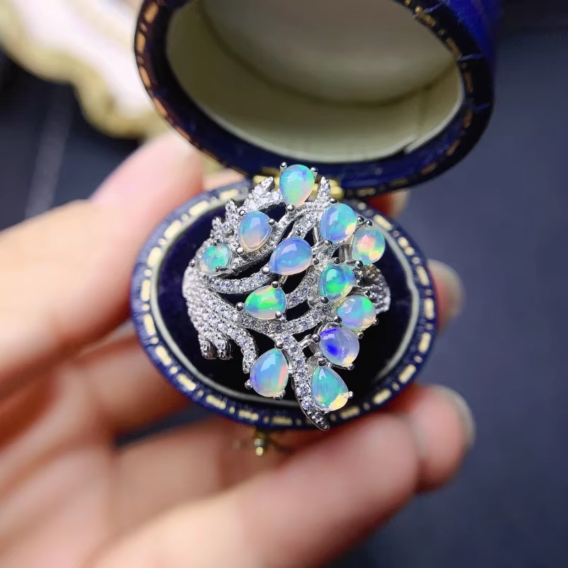 YULEM High Jewelry S925 Sterling Silver Natural Opal New Girls Fashion Gem Rings Tested Hot Sale 3x4mm Water Drop Opal