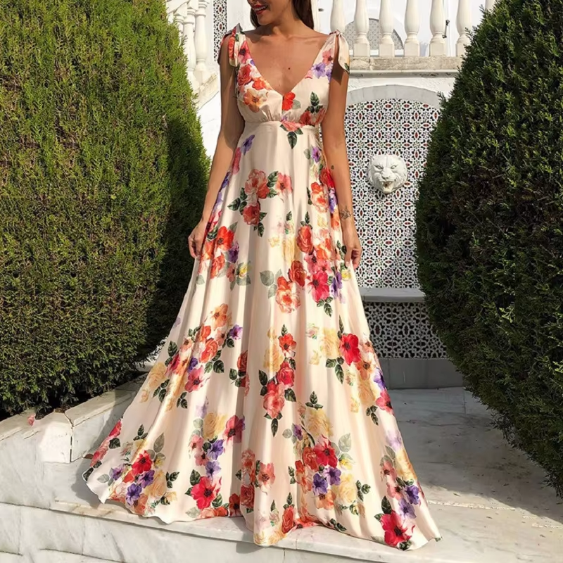 Sexy Dress Women Exposed Back Printed High Waist Large Swing Sleeveless Camisole Dress Tank Tops Bobe Big Hem Maxi Dress