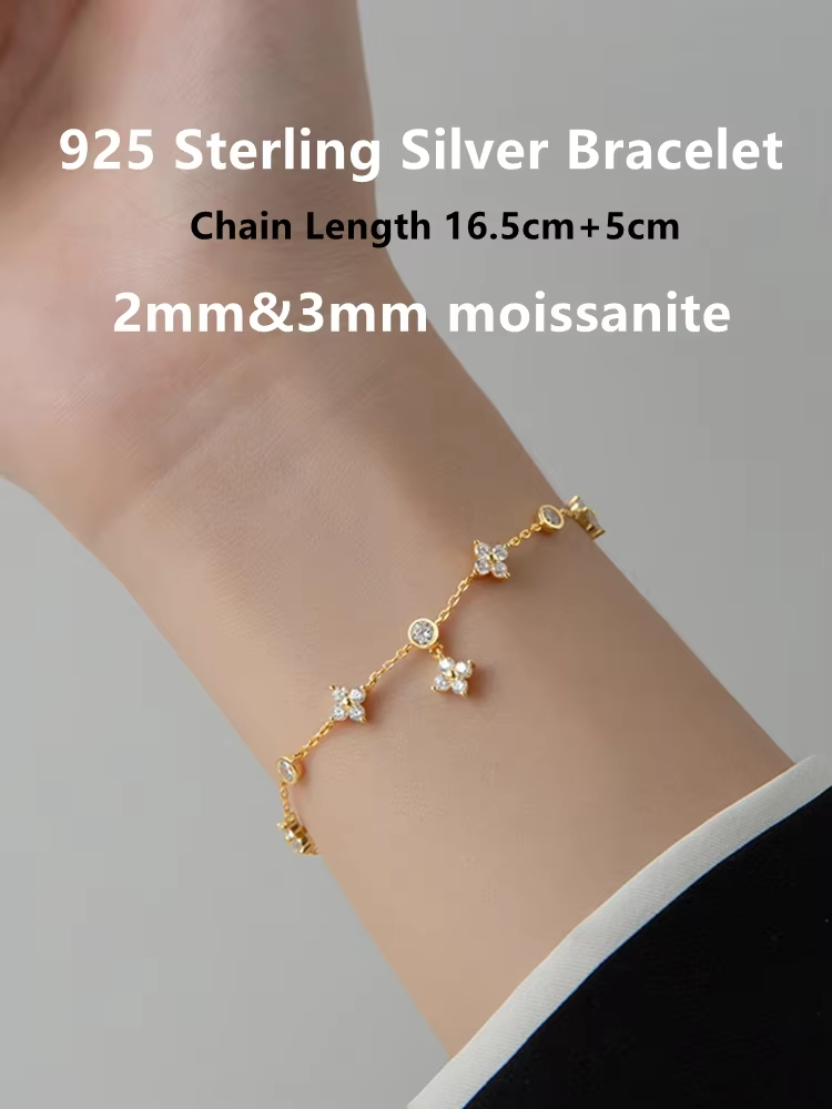 Lnngy Moissanite Bracelet With Certificate 925 Sterling Silver Four-leaf Flower Adjustable Chain Bracelets for Women 2025 Trend