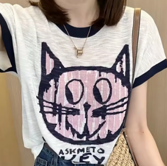 2023 Summer Tees Women's Pure Cotton Round Neck T-shirt Women's Spliced Printing Casual Fashion Short Sleeve Pullover Tops