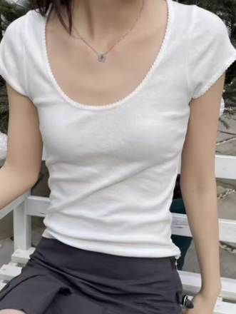 Lace Trim Vintage T-shirts Women Summer Solid Round Neck Short Sleeve Tees Femme Solid Cotton Sweet Cute Y2k Crop Top 2023